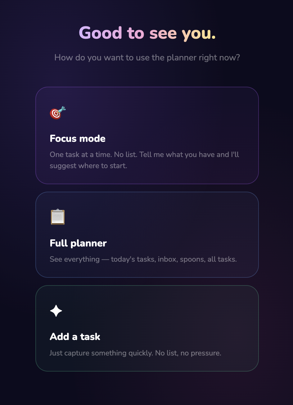 Outlier Planner — Focus mode, Full planner, Add a task